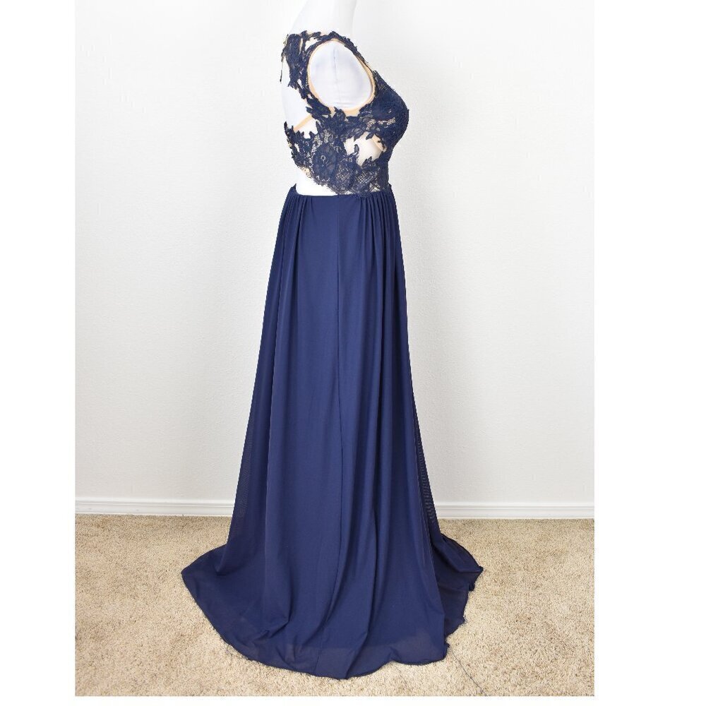 Sherri Hill 5207 Navy Blue Lace Illusion Open Back Gown - 12 - Picture 10 of 14